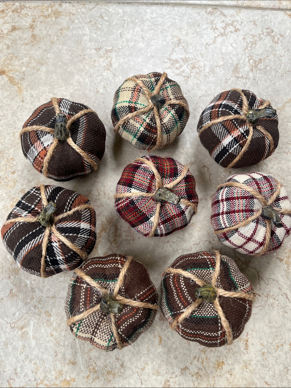 Plaid Fabric Decorative Pumpkins – Brown, Red & Cream Fall Set, 3” x 2”